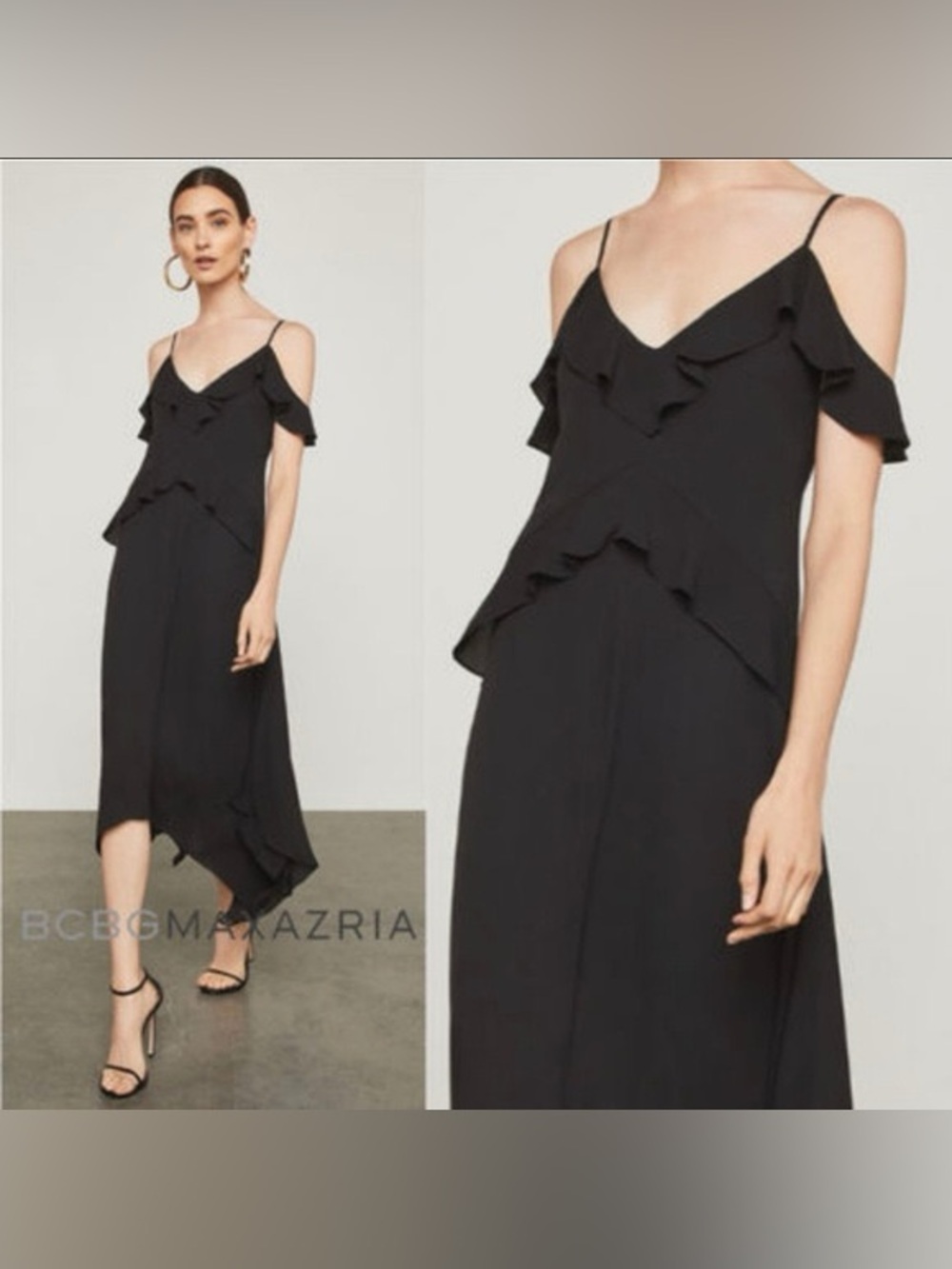 Black One-Shoulder Ruffle Midi Dress